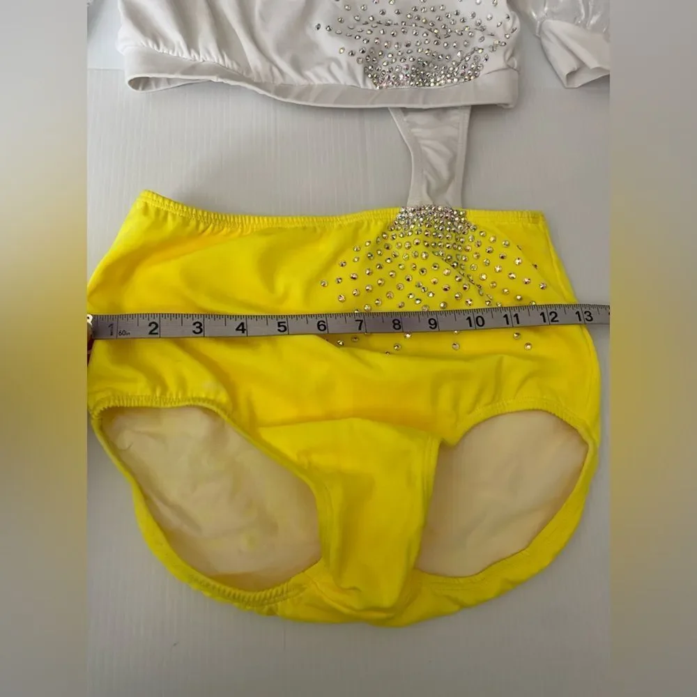 Glamorous solo dance costume white yellow 2 piece embellished puff sleeve LA